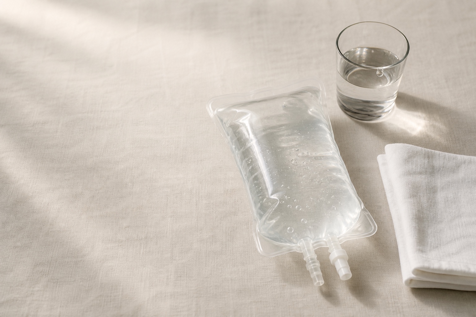 A minimal still life of a clear saline bag and a glass of water on linen.