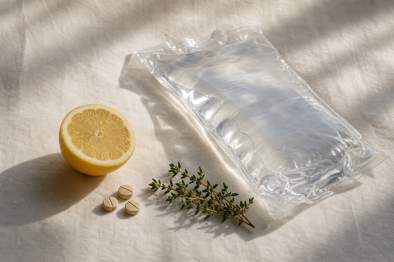 A still life with an IV bag, lemon halves, zinc tablets, and fresh thyme.