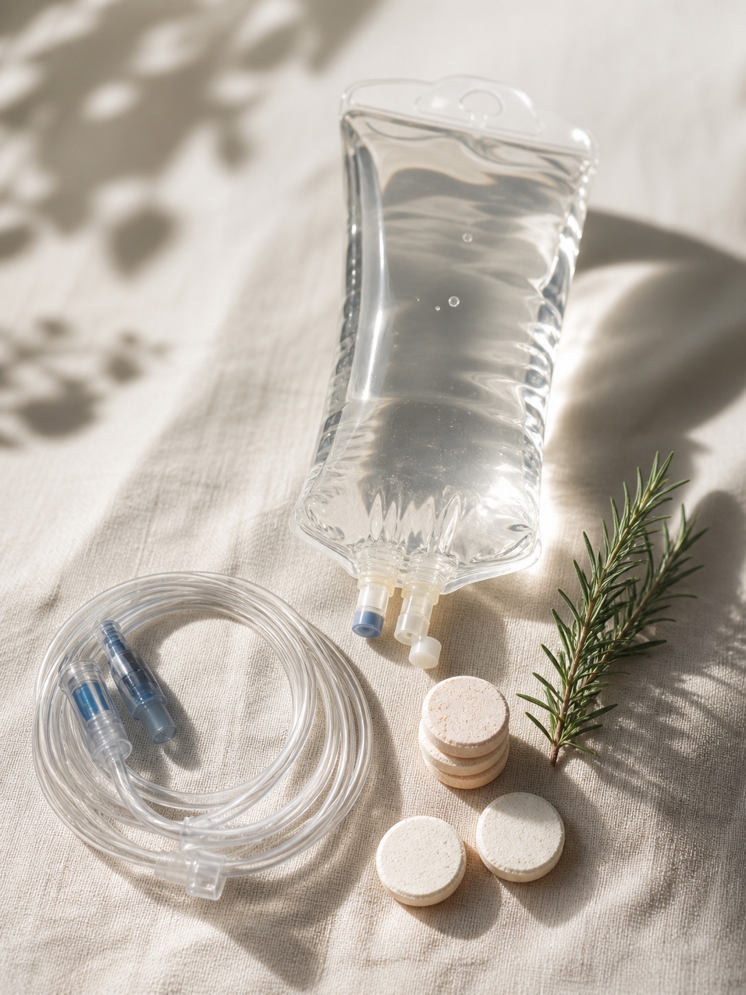 A clear IV bag with electrolyte tablets and rosemary on warm linen.