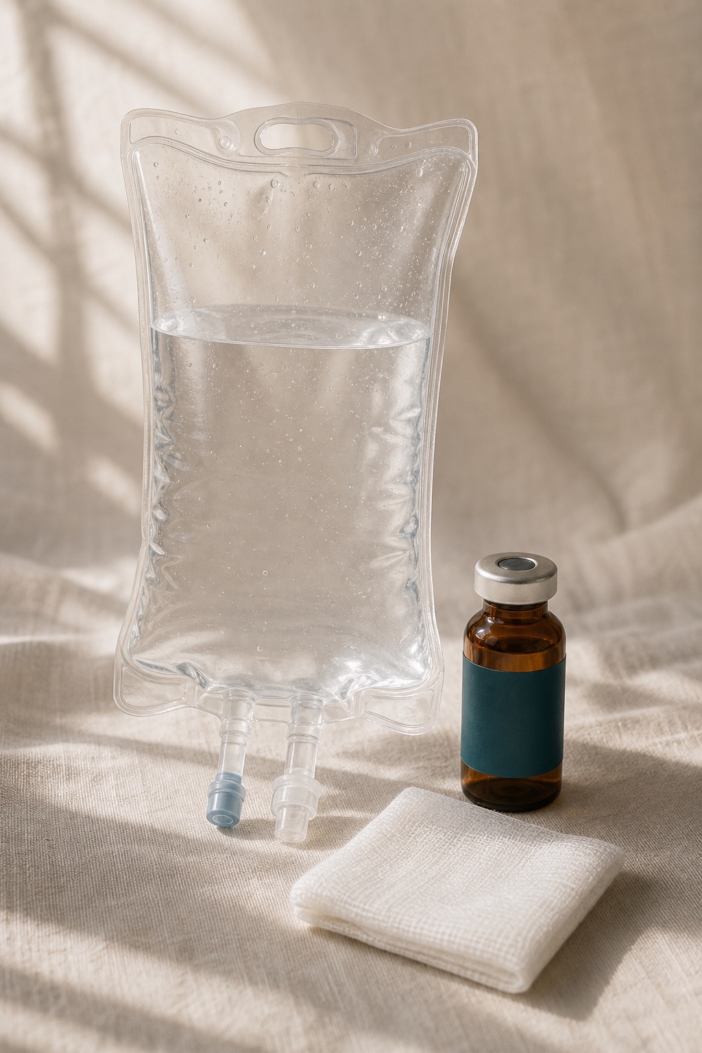 A clinical still life of a clear IV bag with an amber medical bottle on linen.